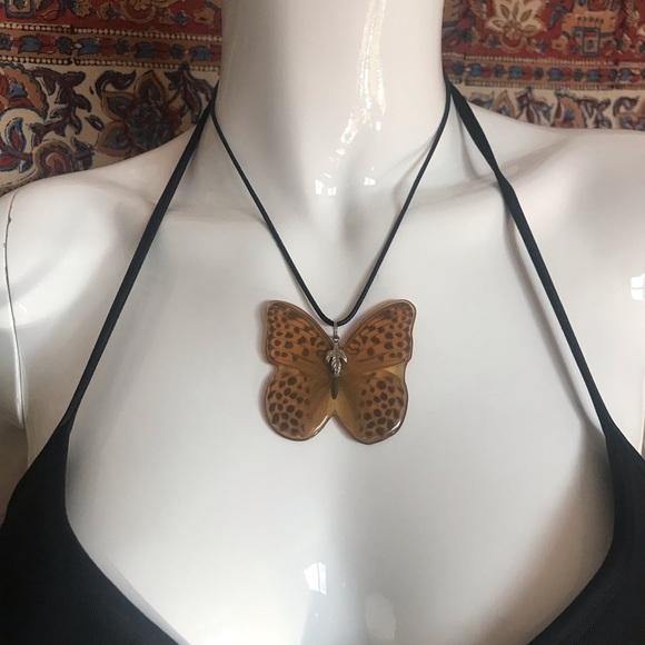 Sterling Silver Resin encased Butterfly Wings Pendant with Leather Cord. - Picture 10 of 15